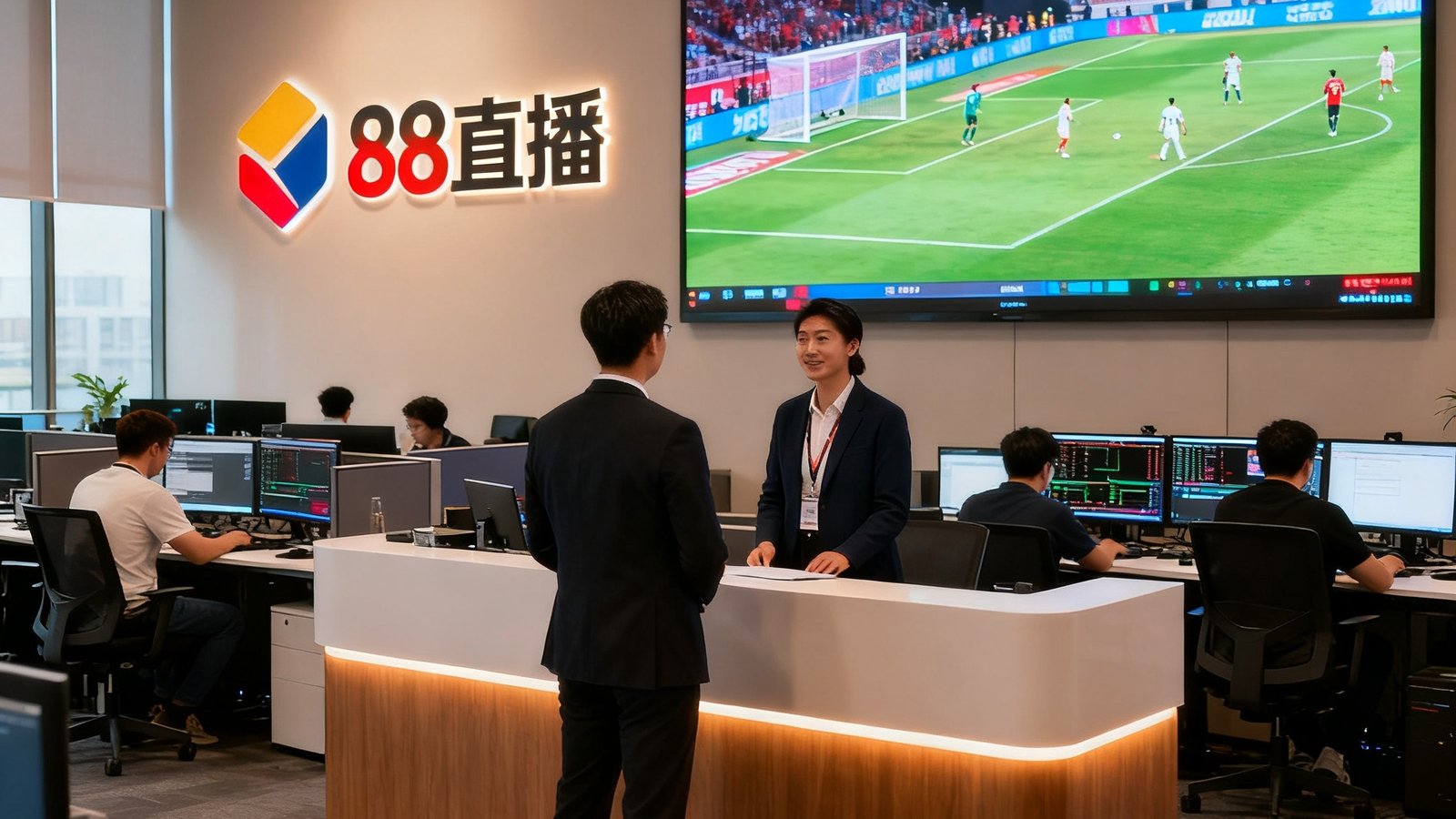 88直播公司前台接待区的实景照片，背景墙上挂着公司logo和大型LED屏幕正播放着体育赛事直播画面，前台工作人员正在接待来访客户，办公区可见技术团队在工位上专注工作