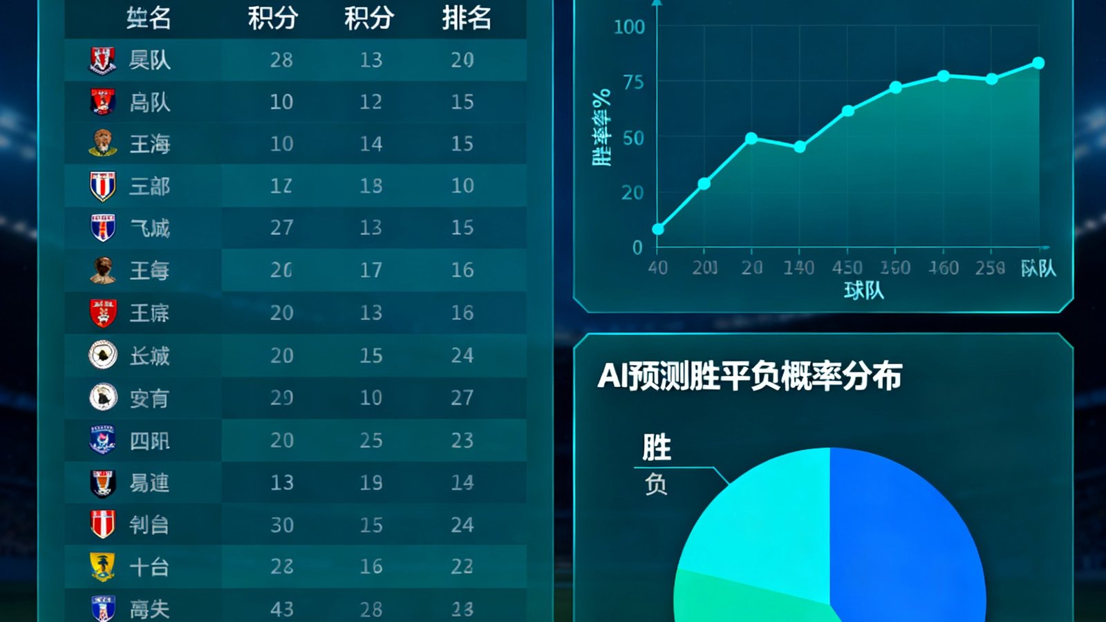 88直播数据中心的深度分析仪表盘展示着本赛季英超联赛各球队的积分榜排名和胜率数据可视化图表，右侧面板显示AI预测的胜平负概率分布