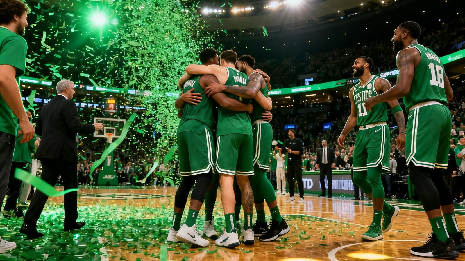 NBA季后赛东部决赛第七场决胜时刻，凯尔特人队球员在TD花园球馆庆祝晋级的照片，全场绿色灯光闪耀，球员们拥抱在一起，地板上洒满了庆祝的彩带